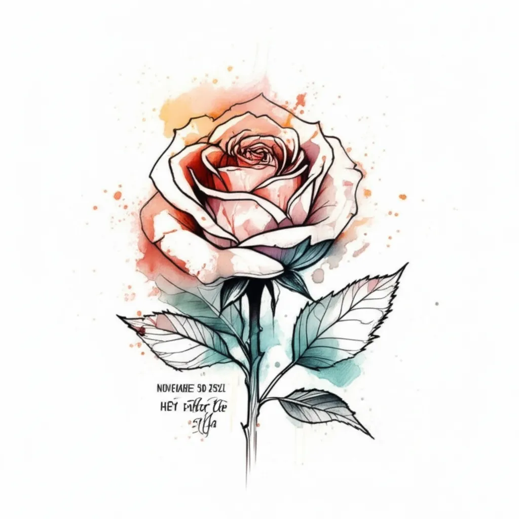 Simple Watercolor Rose Tattoo with Personalized Text and Date