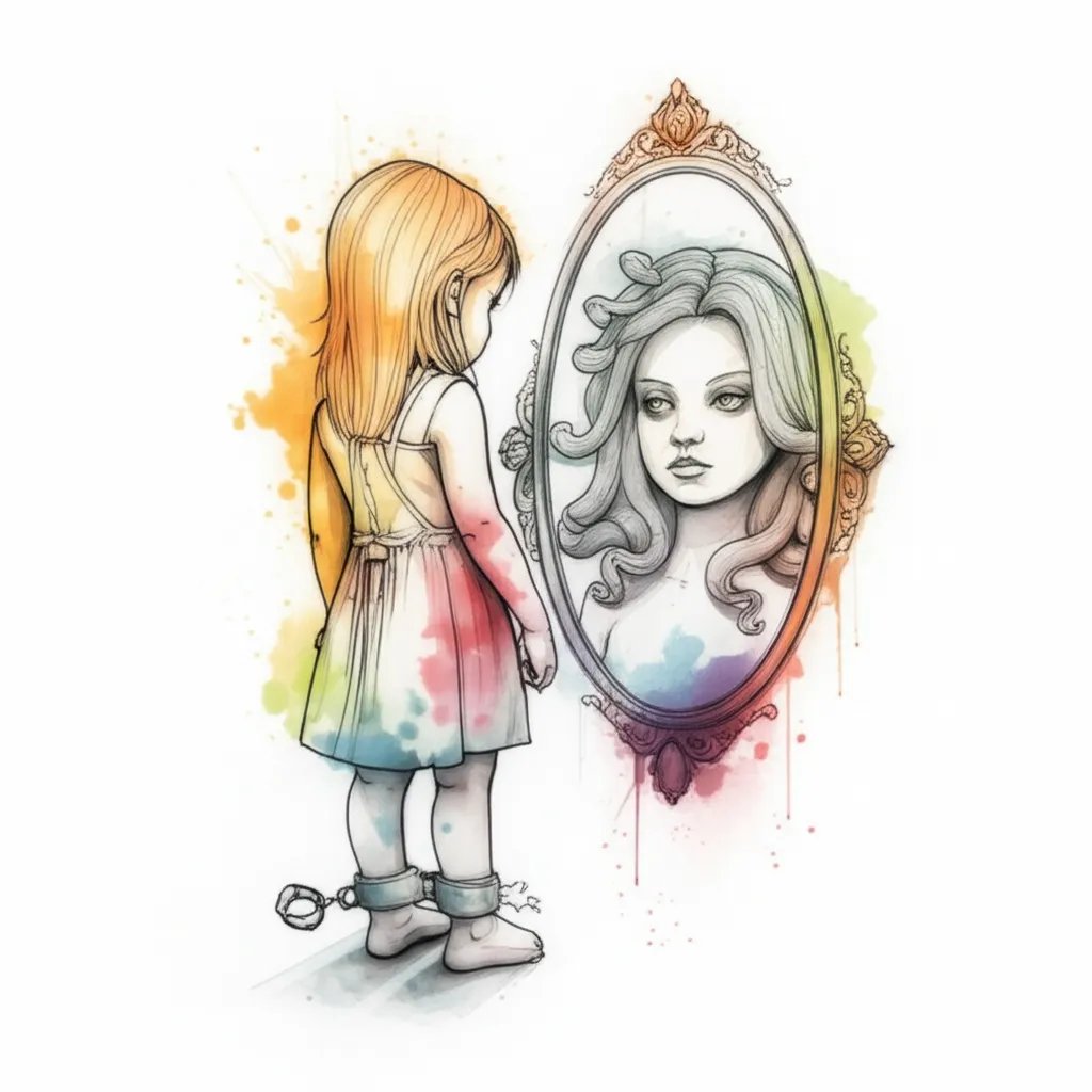 Watercolor tattoo of a little girl with broken shackles looking in a mirror reflecting Medusa Watercolor tattoo of a little girl with broken shackles looking in a mirror reflecting Medusa
