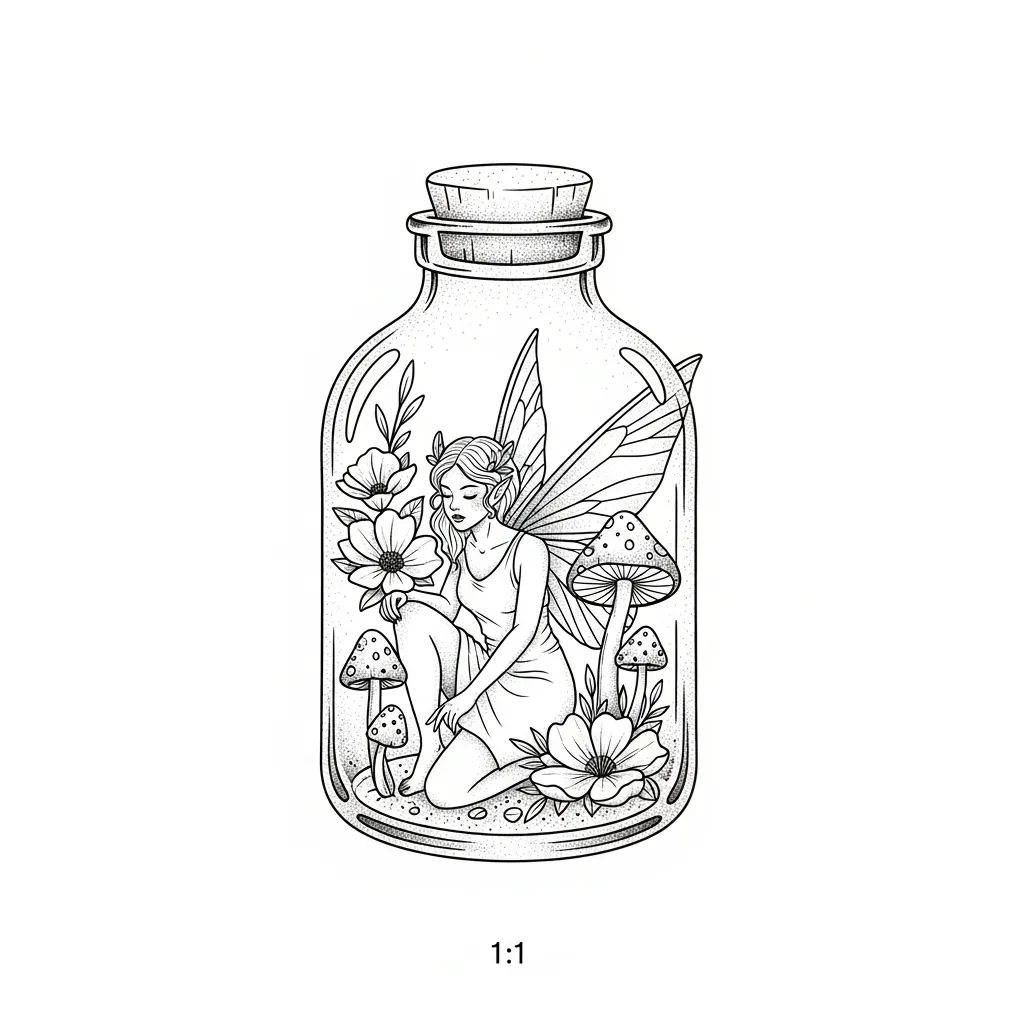 Fairy Goddess in a Spell Jar Fine Line Tattoo Design