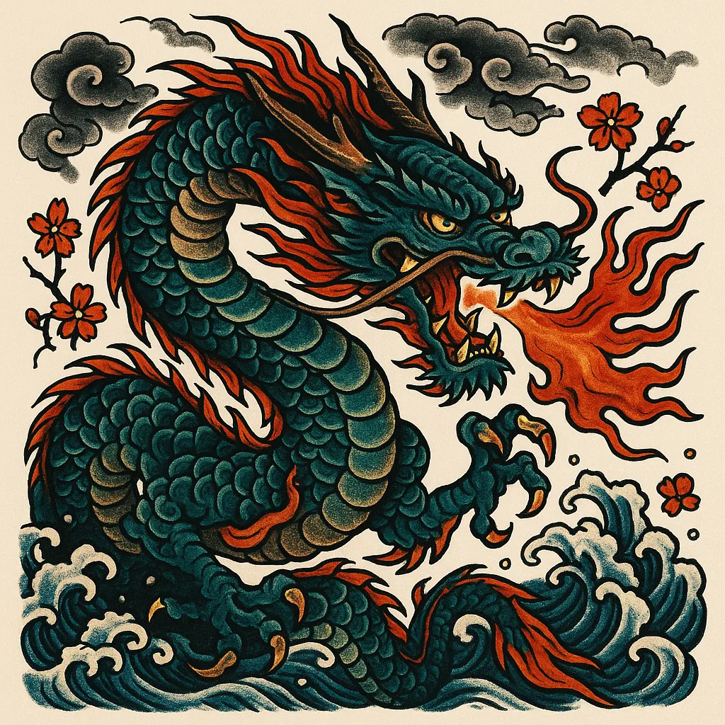 Traditional Japanese Dragon Tattoo with Fiery Breath and Cherry Blossoms