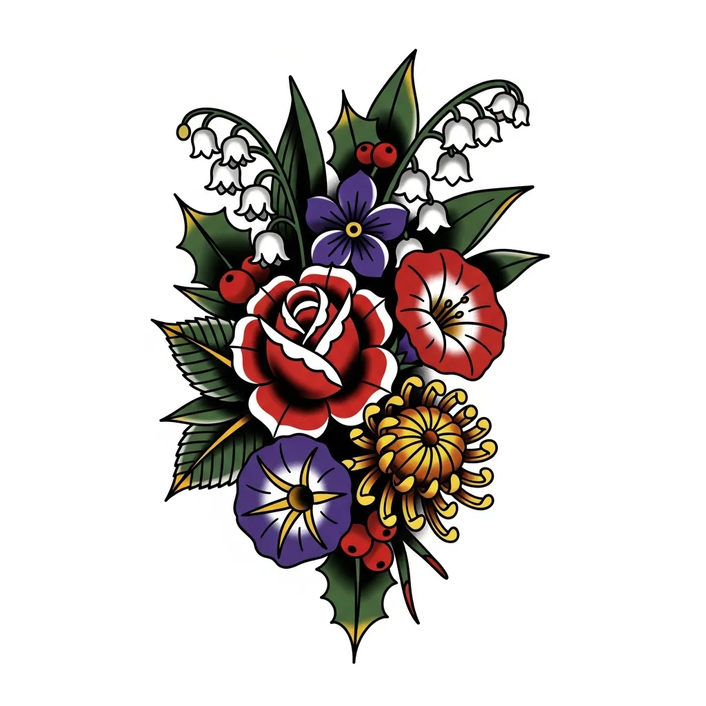 American Traditional Floral Bouquet Tattoo with Rose, Lily of the Valley, Violet, Morning Glory, Chrysanthemum & Holly