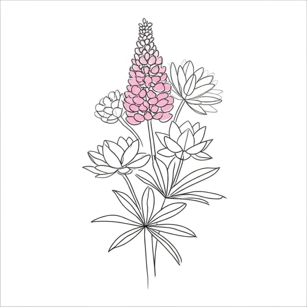 Minimalist Colored Lupine and Lotus Floral Tattoo Design