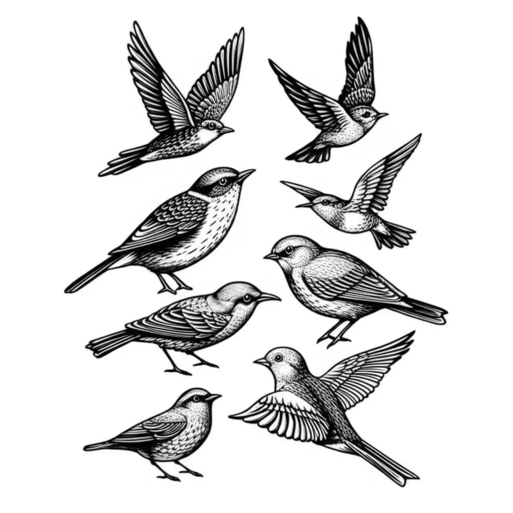 Dainty Birds Blackwork Tattoo Design