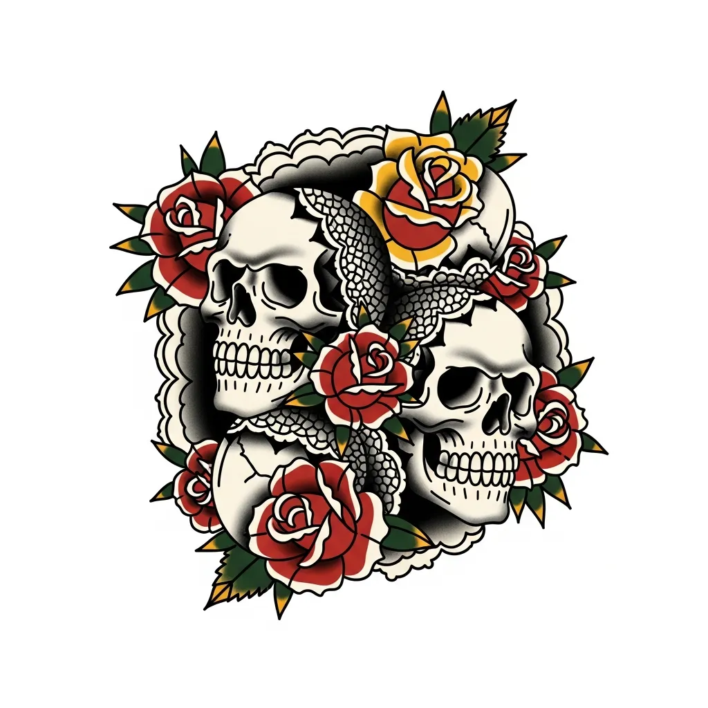 American Traditional Skulls with Roses and Lace Tattoo Design