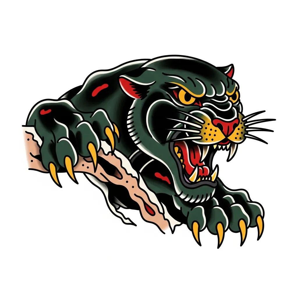 American Traditional Panther Head Tattoo with Claw Marks and Bold Outlines