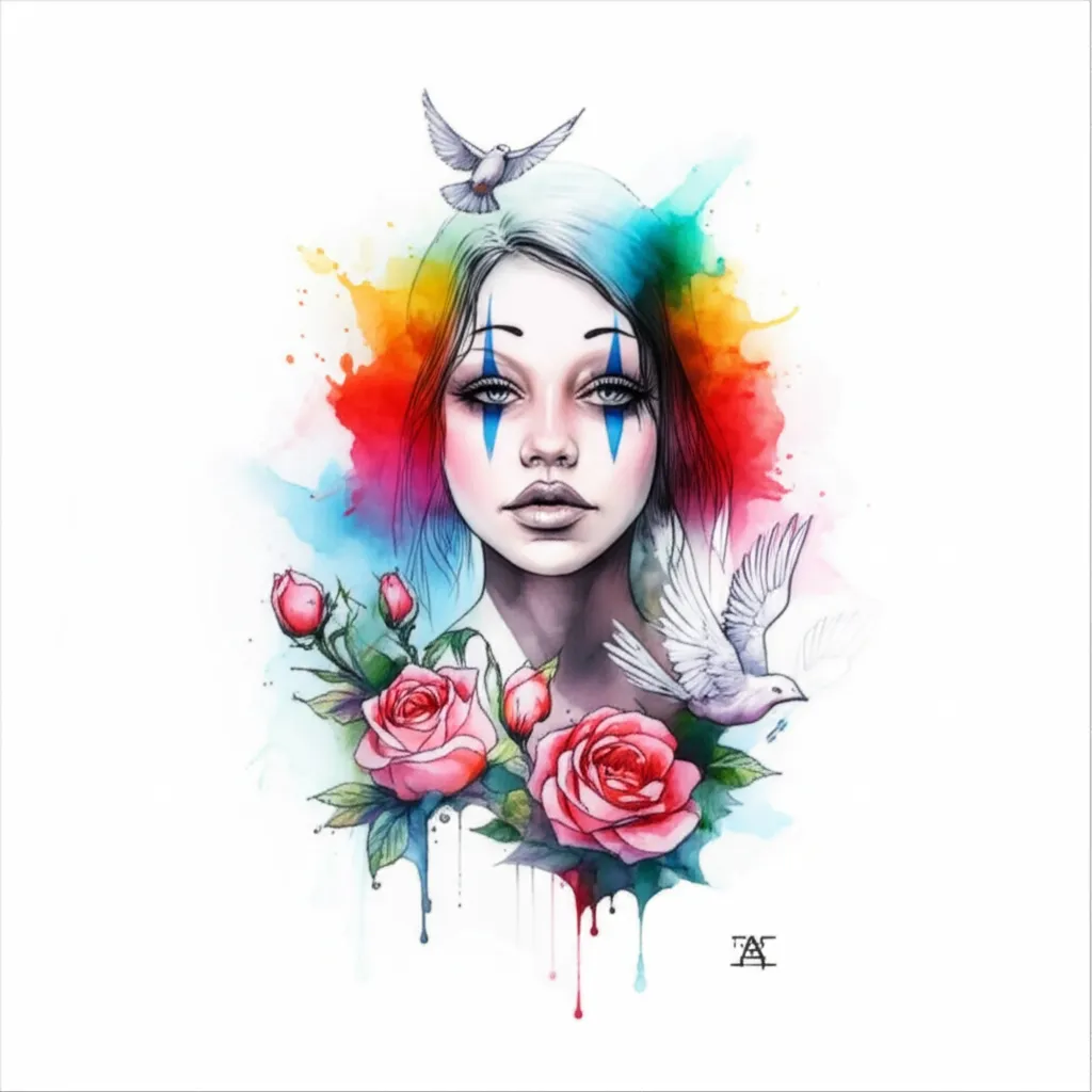 Watercolor Girl Clown Tattoo with Roses and Doves