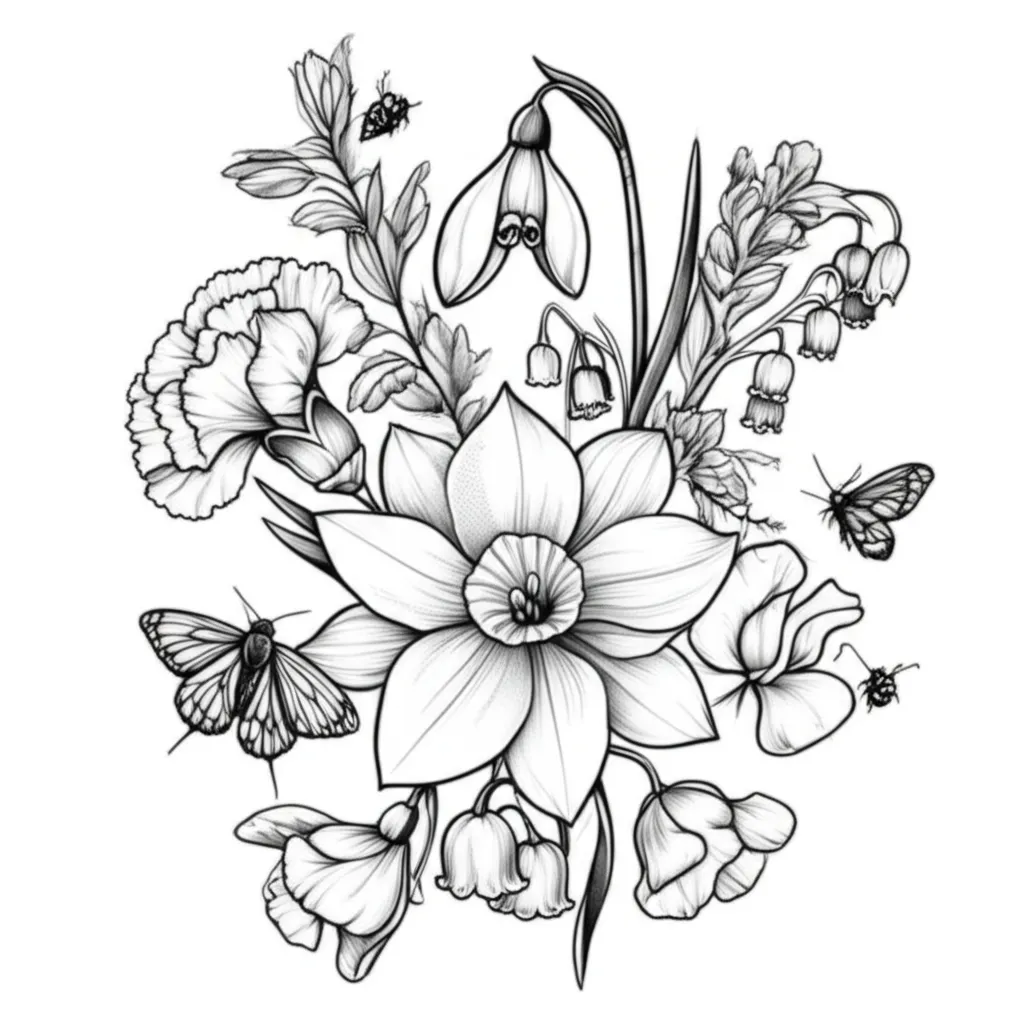 Black and White Fine Line Bouquet Tattoo with Carnation, Snowdrop, Daffodil, and More