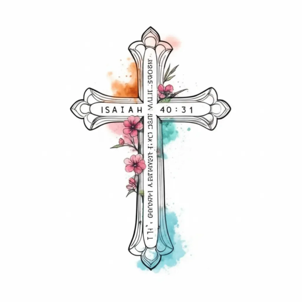 Delicate Watercolor Western Cross Tattoo with Isaiah 40:31 and Dainty Flowers
