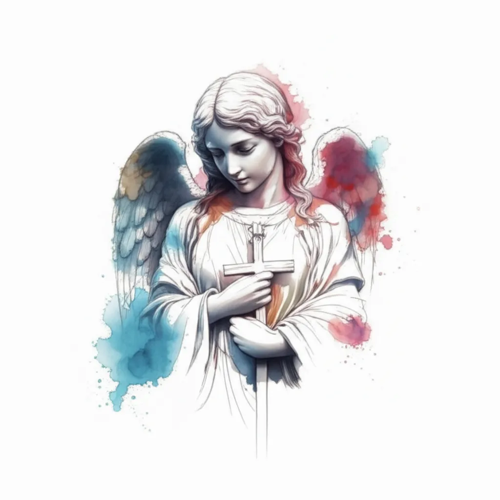 Elegant Watercolor Angel Holding a Cross Tattoo Design