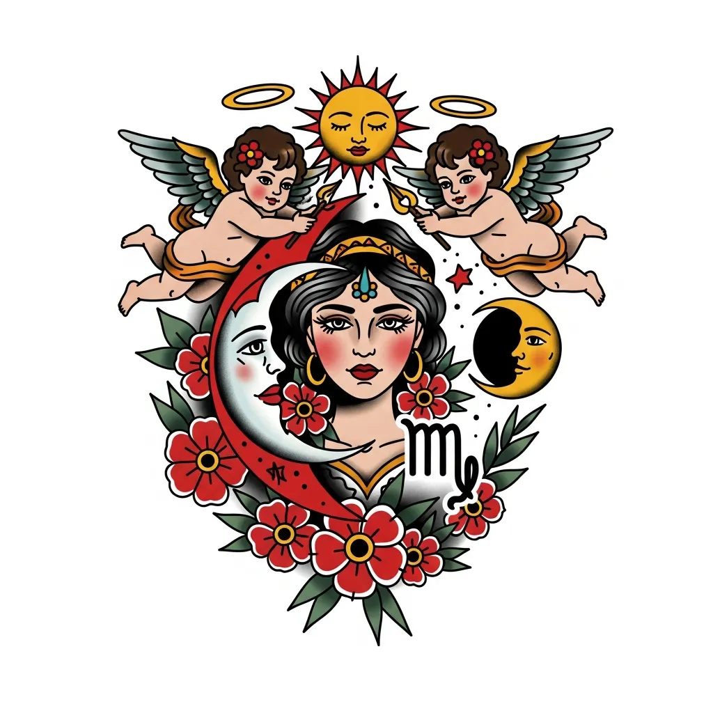 American Traditional Scorpio Goddess Tattoo with Angels, Sun, Moon, and Flowers