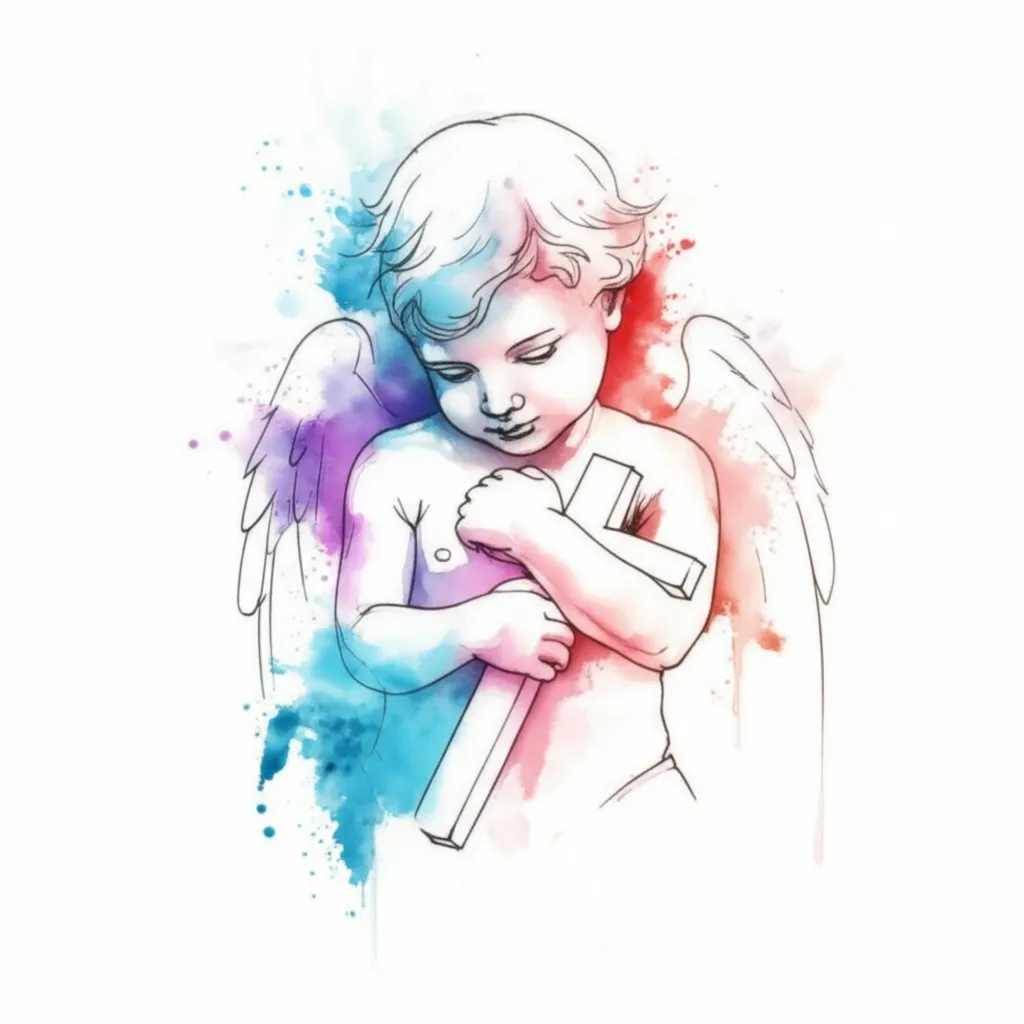 Young Angel Holding a Cross Watercolor Tattoo Design