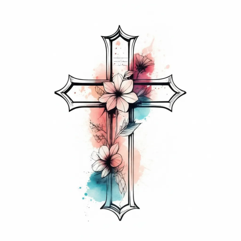 Delicate Western Cross Tattoo with Dainty Flowers and Isaiah 40:31 Quote