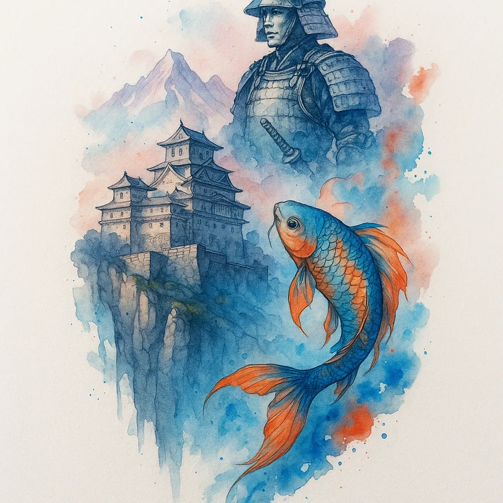 Watercolor Tattoo of Palace, Mountains, Samurai, and Koi Fish