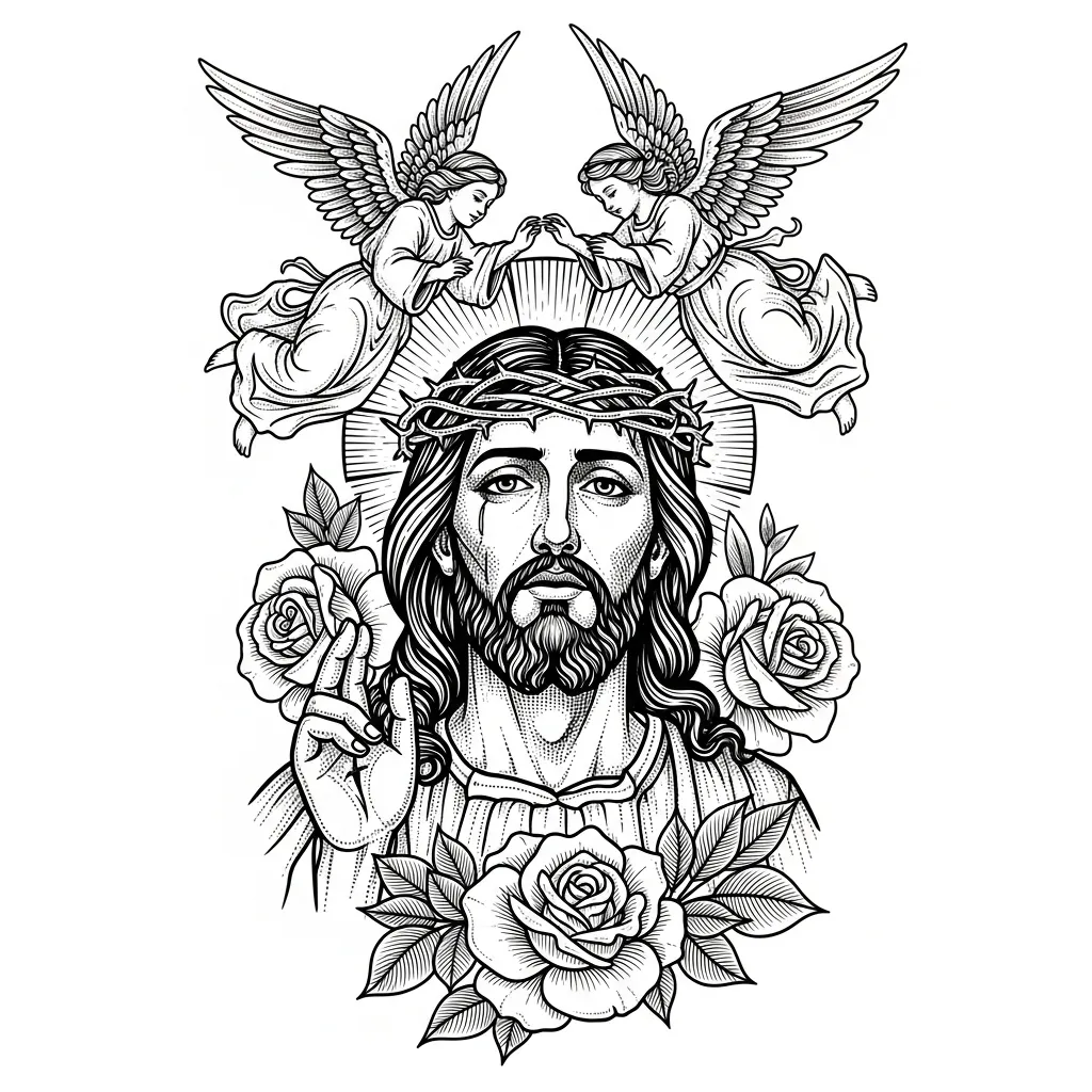 Blackwork Tattoo of Jesus Christ with Angels and Roses