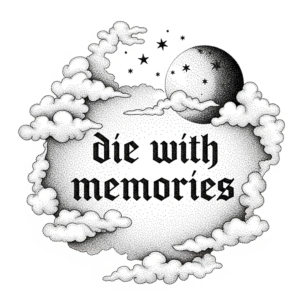 Die With Memories Tattoo in Gothic Dotwork Style with Moon and Clouds