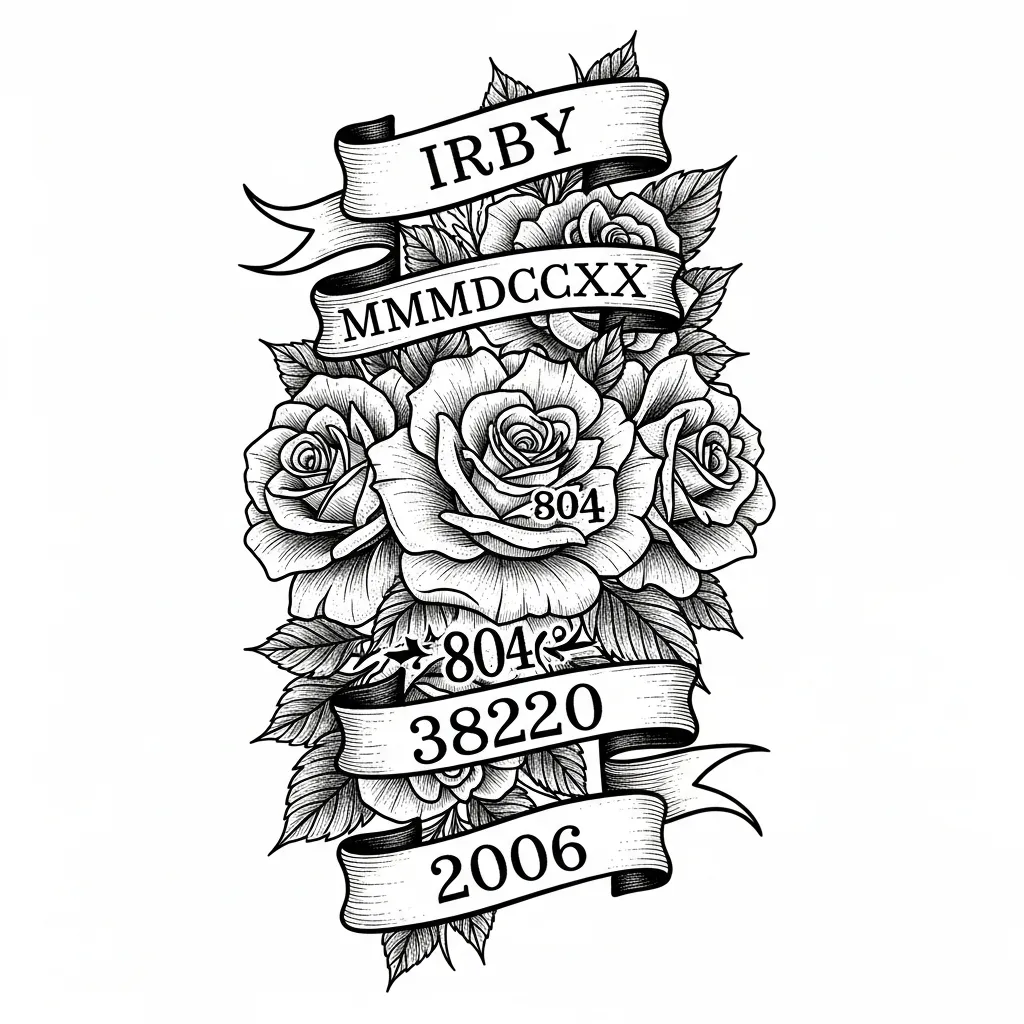 Illustrative Roses Tattoo with Ribbons and Roman Numerals