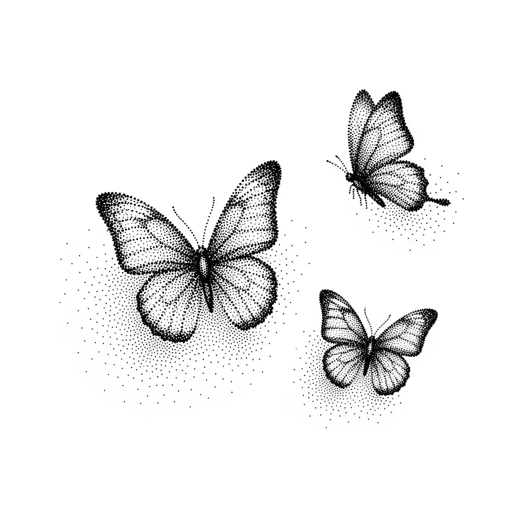 Small Dotwork Three Butterflies Tattoo Design