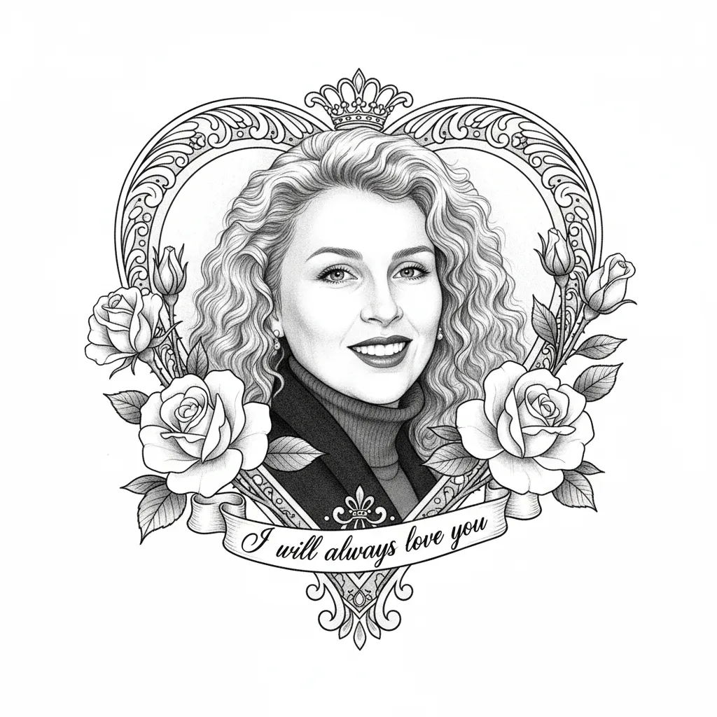 Elegant Black and White Fine Line Rose Heart Tattoo with Sentimental Lettering