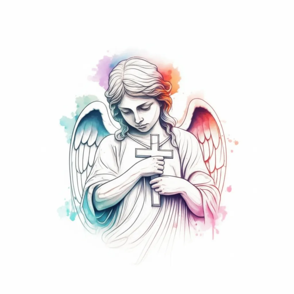 Watercolor Angel Holding a Cross Tattoo Design