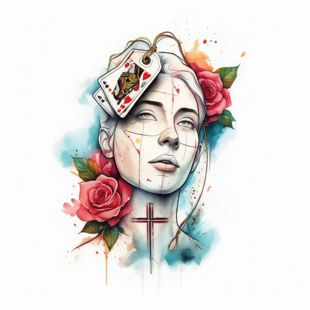 Watercolor Tattoo of a Woman’s Head with Roses, Playing Cards, and Cross