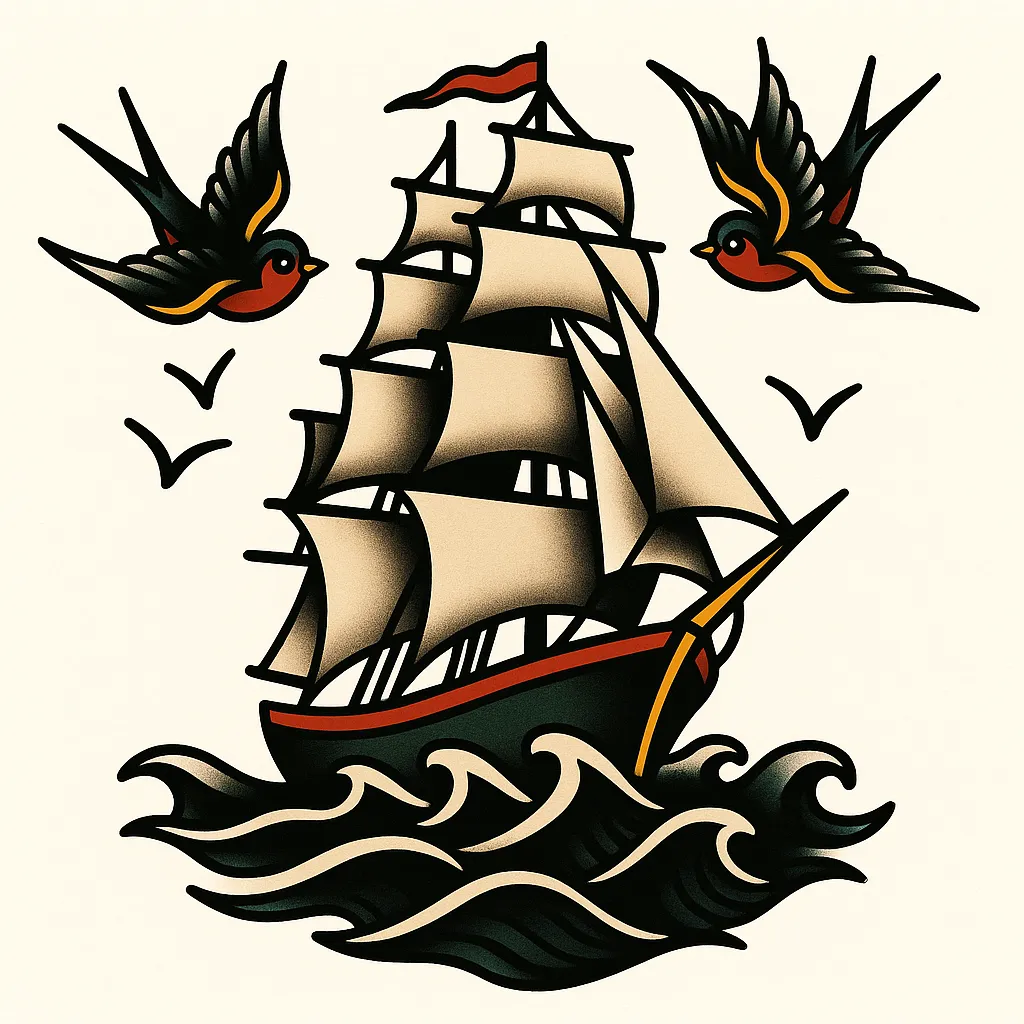 Old School Clipper Ship Tattoo on Stormy Sea with Two Swallows