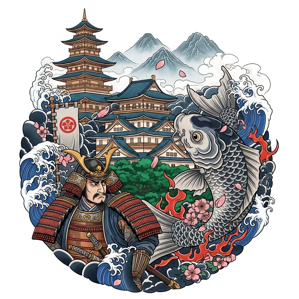 Japanese Traditional Palace Tattoo Featuring Samurai and Koi Fish with Mountain Scenery