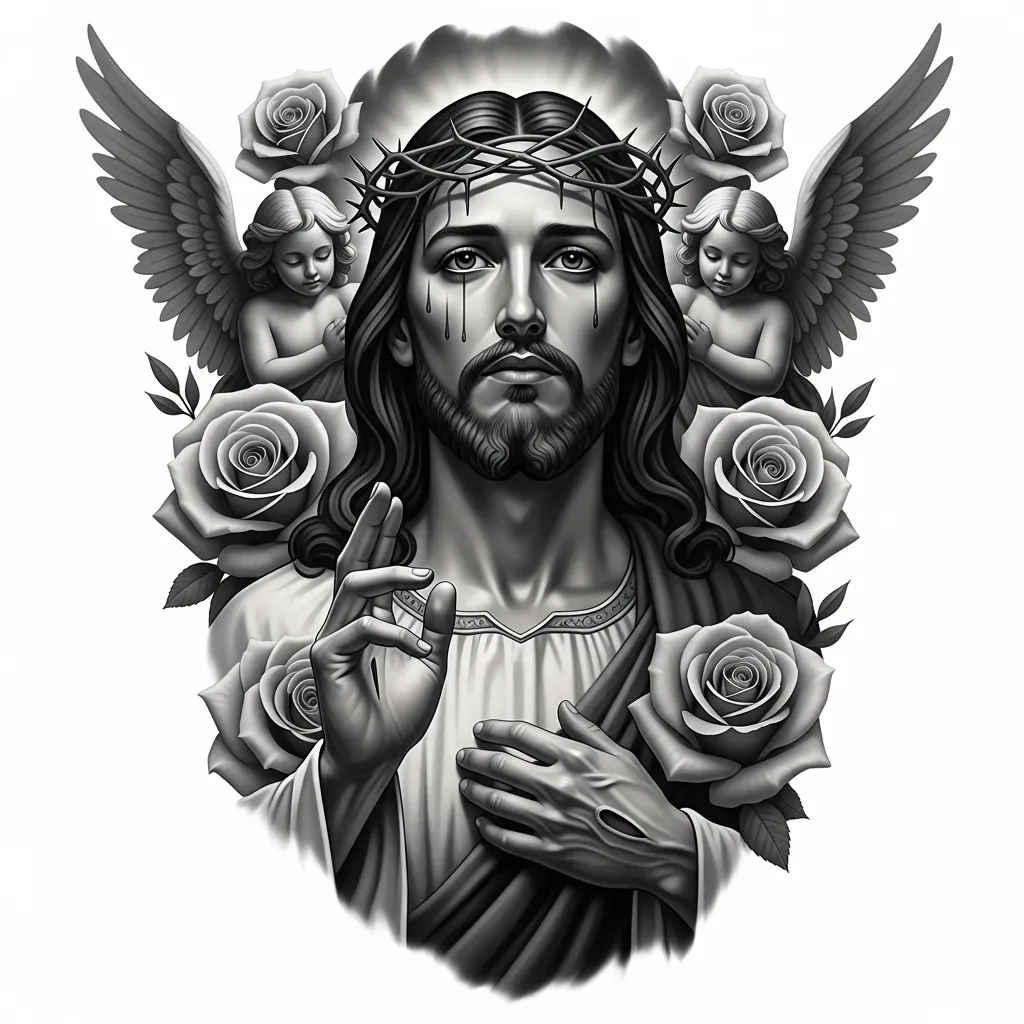 Realistic Jesus Christ Tattoo with Roses and Angels