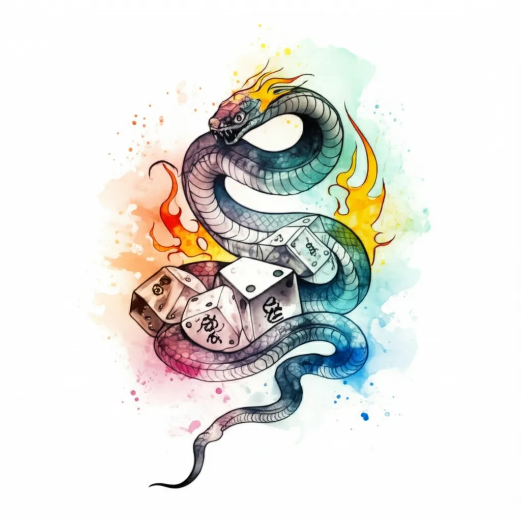Watercolor Snake and Dice Tattoo with Chinese Peace Lettering and Flames
