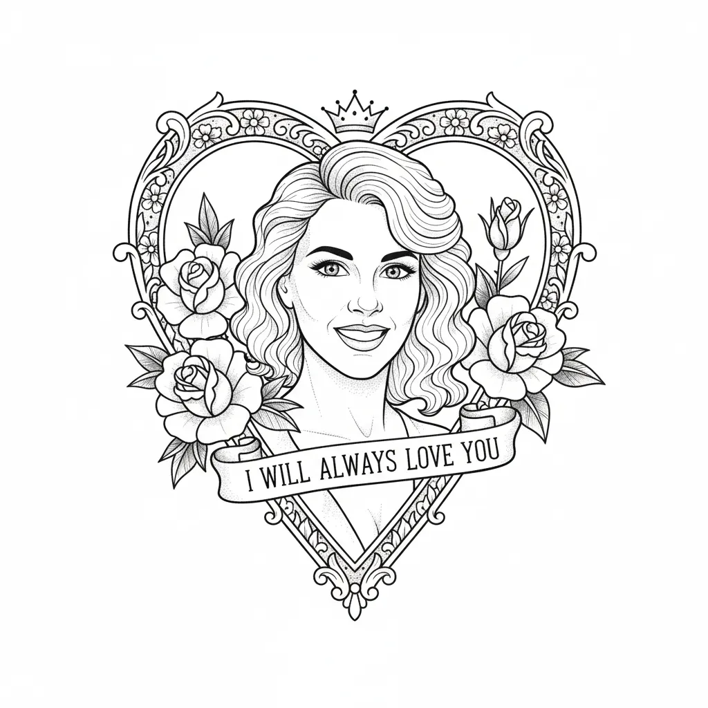 Elegant Black & White Fine Line Tattoo with Roses and Heart Frame