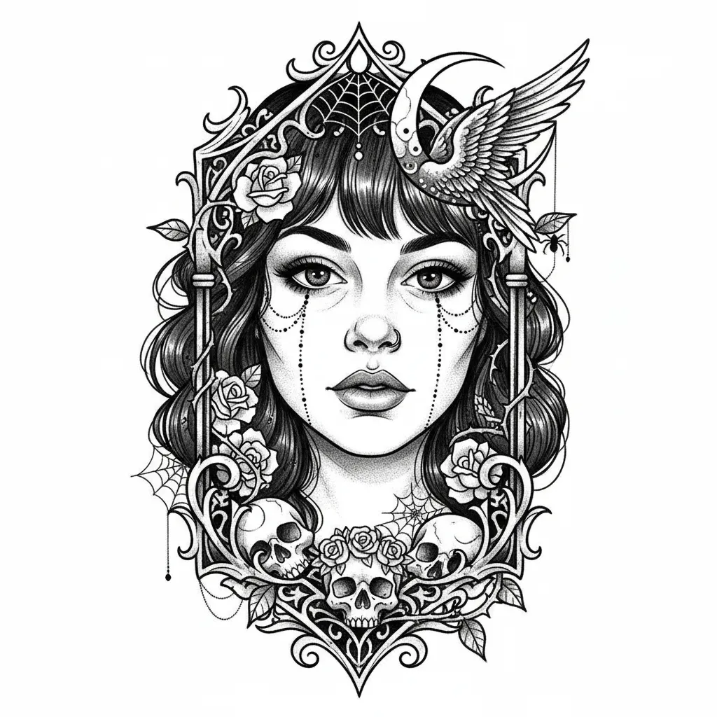 Gothic Hippie Brown Eye Beauty Tattoo Design