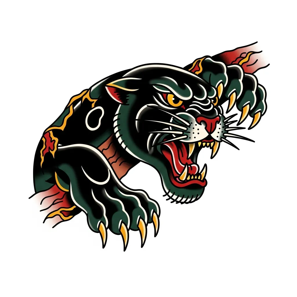 American Traditional Panther Head Tattoo with Claw Marks
