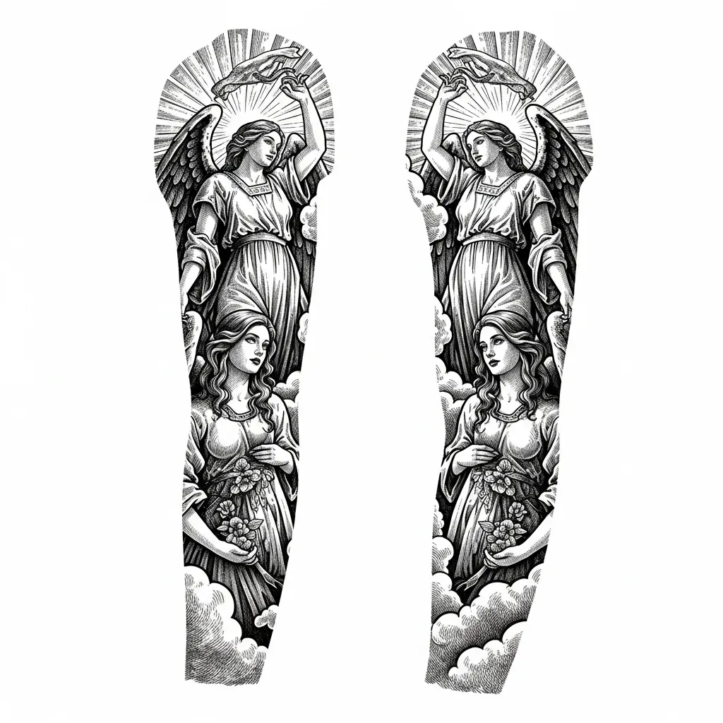 Illustrative Sleeve Tattoo of Angels and Pretty Girls Symbolizing Heaven and Goodness