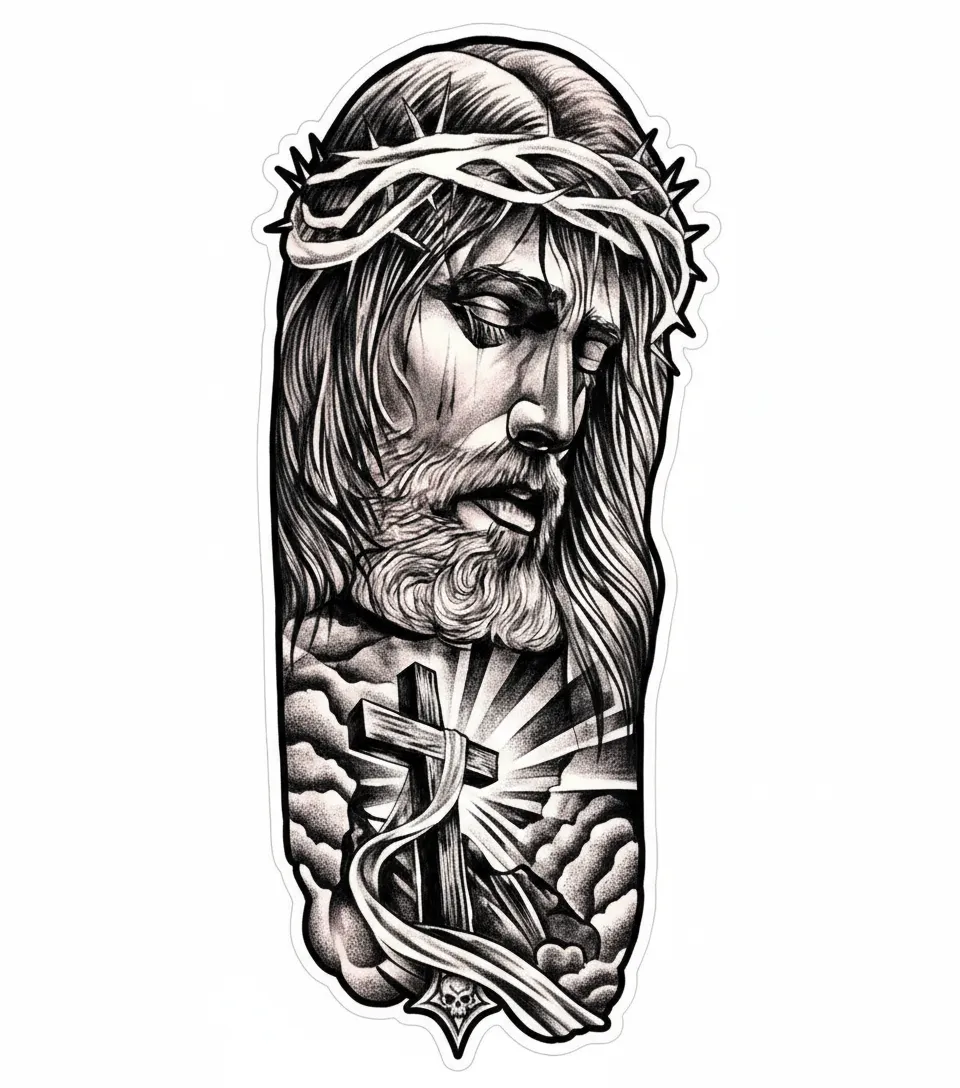 Gothic Jesus with Crown of Thorns and Cross Tattoo Design