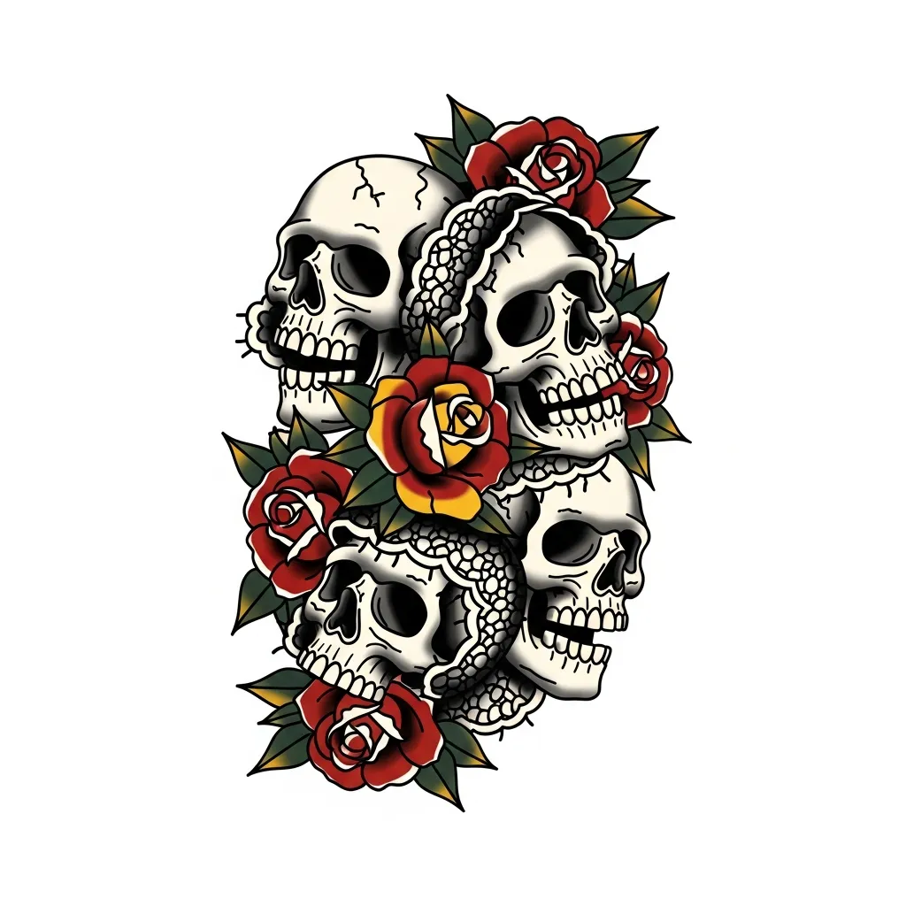 American Traditional Skulls with Roses and Lace Tattoo Design