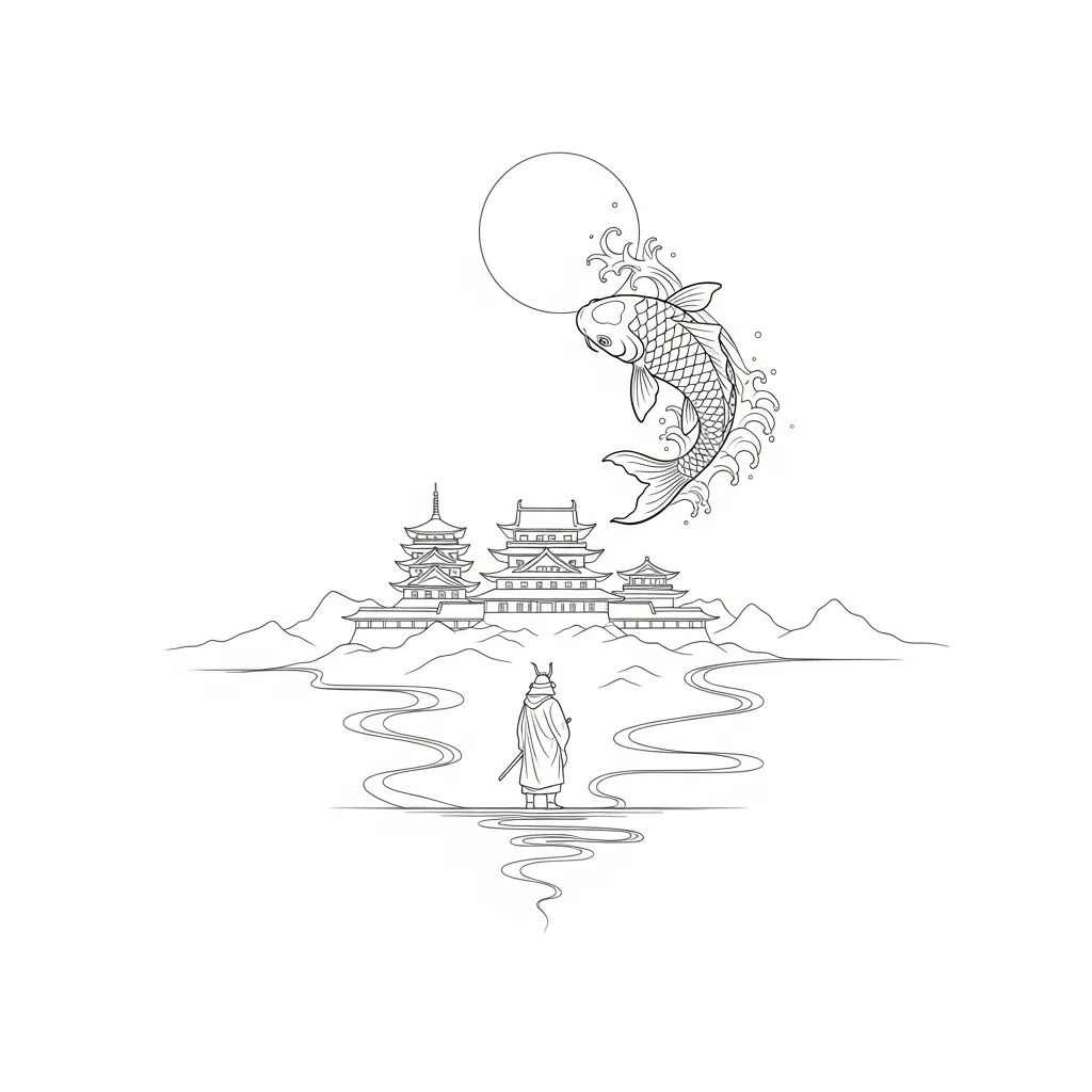 Minimalist Palace Tattoo with Samurai and Koi Fish Design Minimalist Palace Tattoo with Samurai and Koi Fish Design