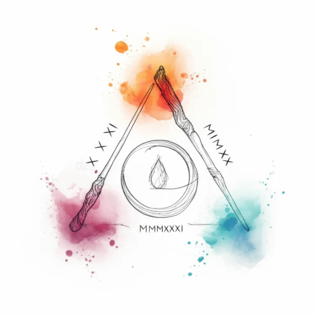 Harry Potter Forever Triangle Tattoo with Roman Numerals in Watercolor Style