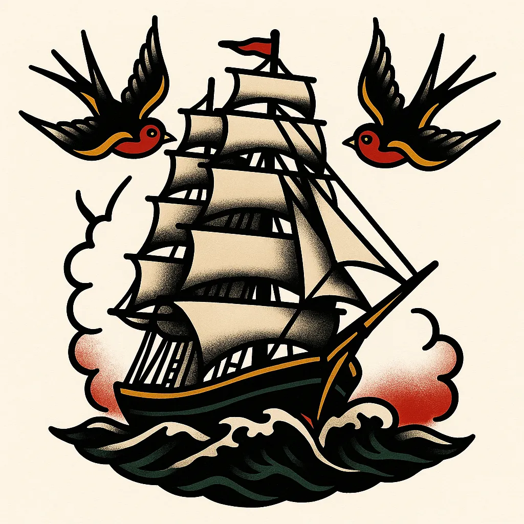 Old School Clipper Ship Tattoo on Stormy Sea with Two Swallows