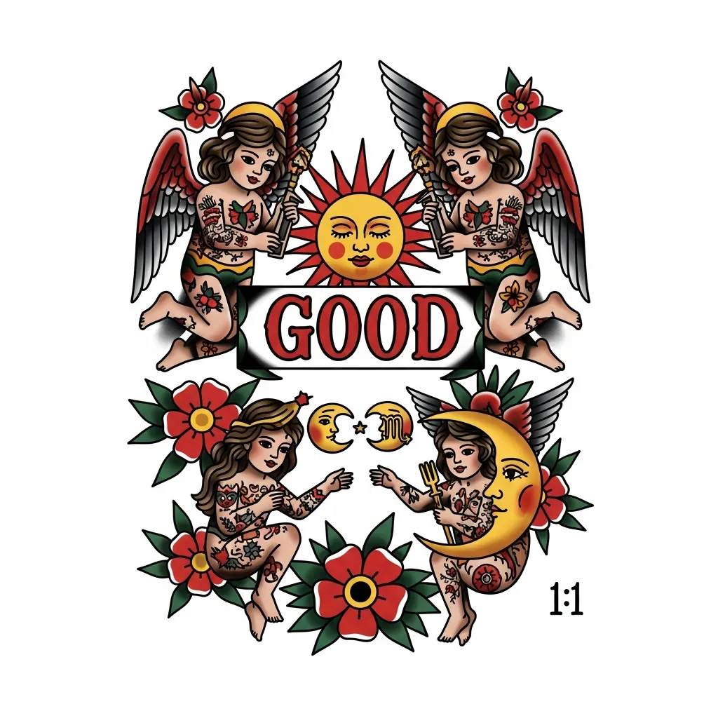 American Traditional Tattoo Featuring Heavenly Angels, Scorpio Goddess, Sun and Moon