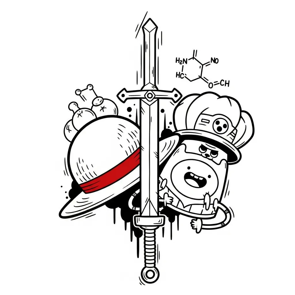 Graffiti Style Tattoo Featuring One Piece Straw Hat, Adventure Time Sword, and Chowder Hat with Chemistry Theme