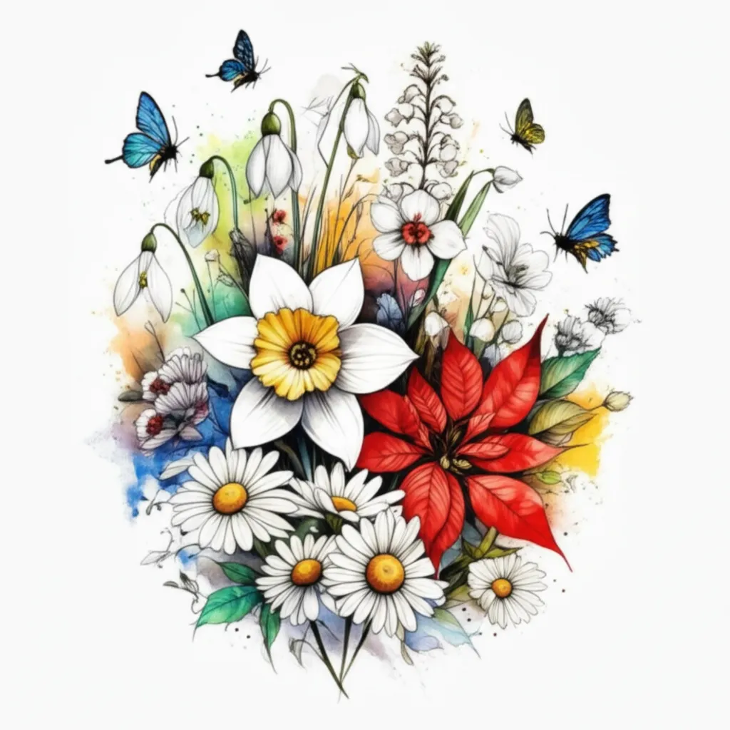 Black and White Floral Watercolor Tattoo Design Featuring Carnation, Daisy, Narcissus and Butterflies