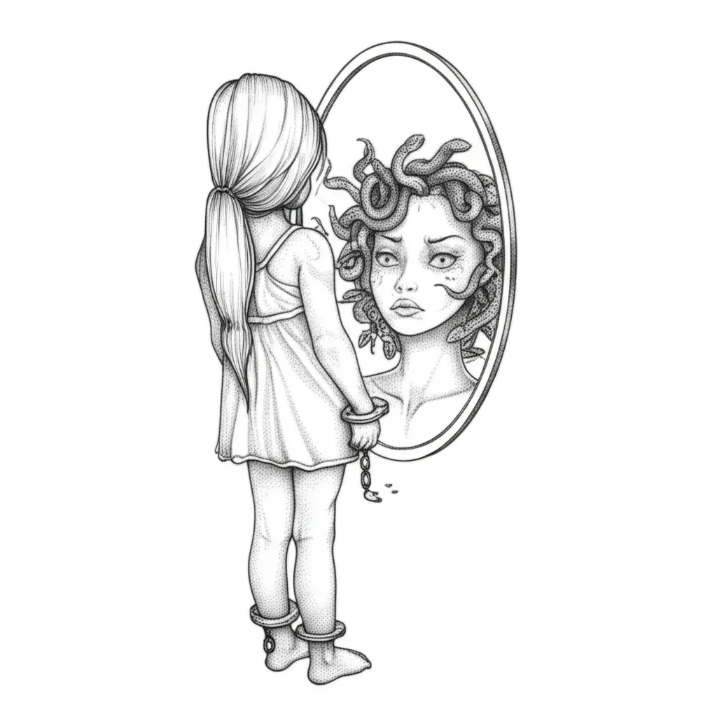 Fine Line Tattoo of Little Girl as Medusa Reflection