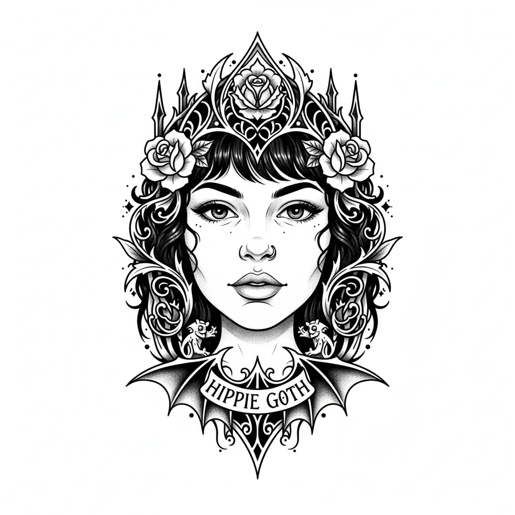 Gothic Hippie Brown Eye Beauty Tattoo Design