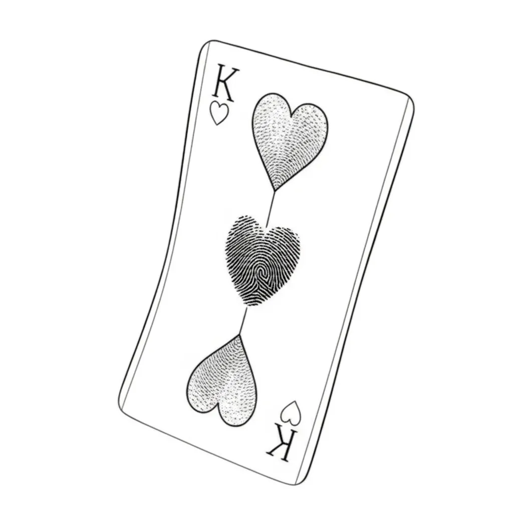 Minimalist King and Queen of Hearts Card Tattoo with Fingerprint Heart Design