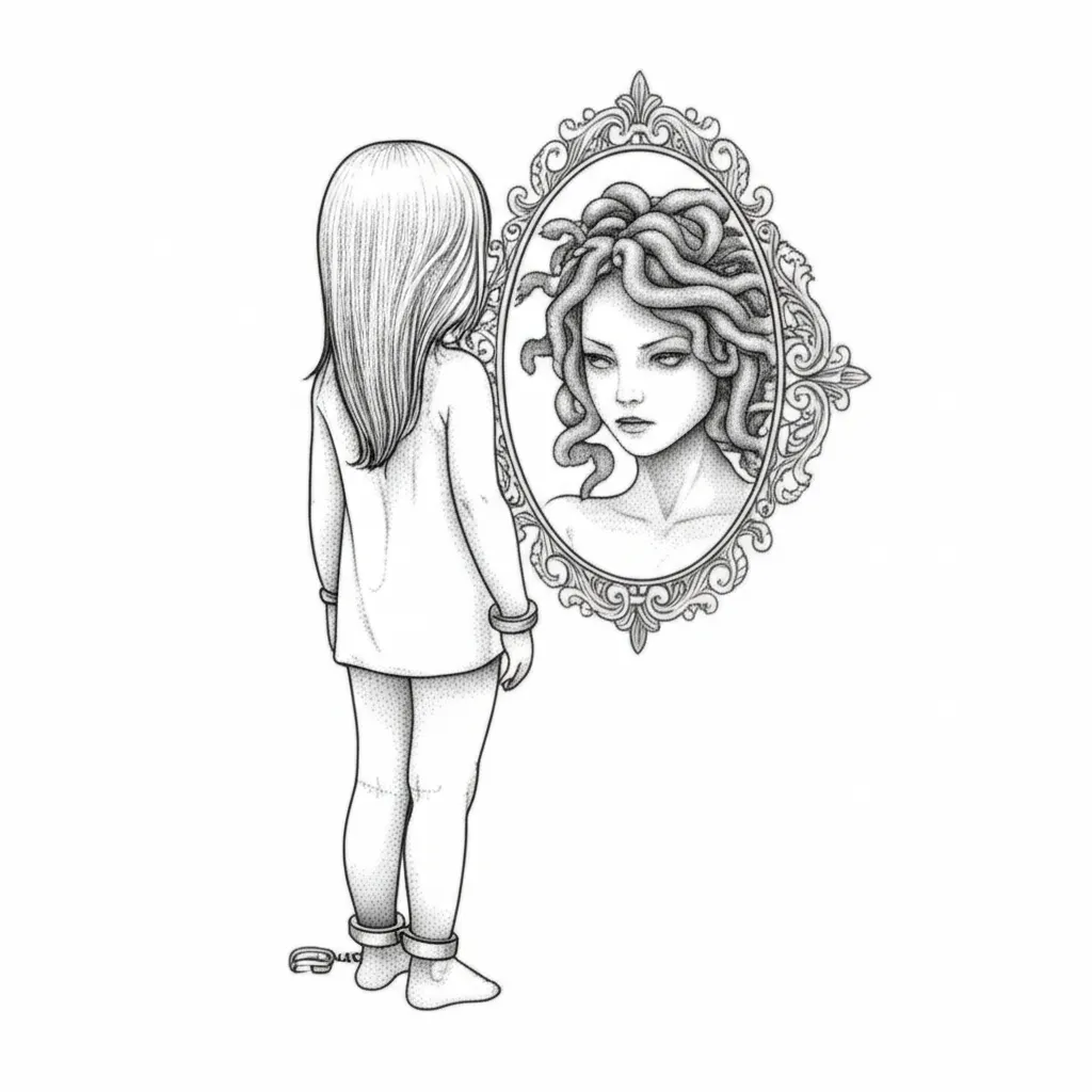 Fine Line Tattoo of a Little Girl with Shackles and Medusa Reflection