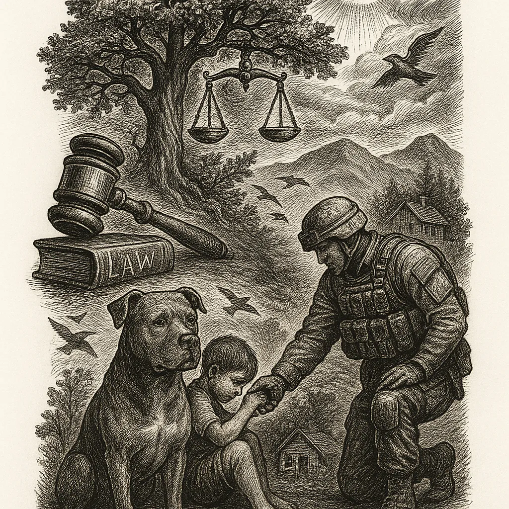 Illustrative sleeve tattoo symbolizing justice, faith, nature, and overcoming childhood trauma with oak tree, gavel, soldier, pitbull, and natural elements