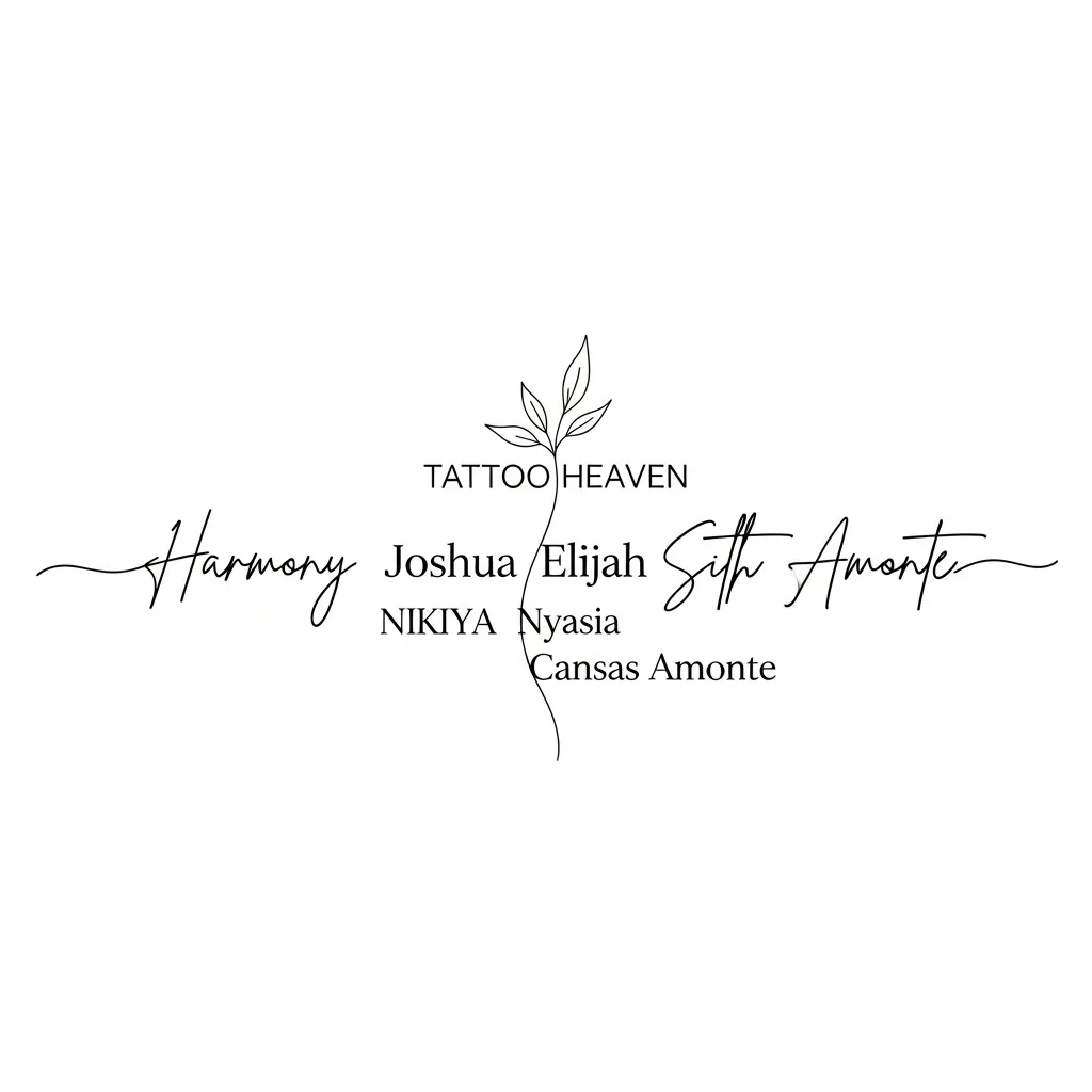 Minimalist Name Tattoo Design Featuring Harmony, Joshua, Elijah, NIKIYA, Nyasia, Cansas, and Amonte