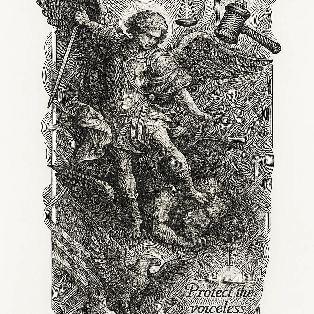 Saint Michael the Archangel Full Sleeve Tattoo with Justice and Military Symbols