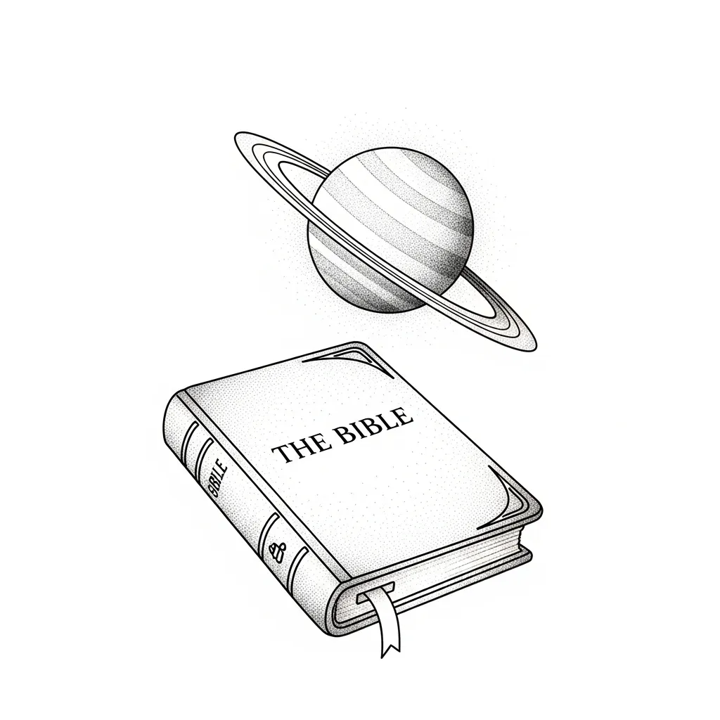 Fine Line Bible Tattoo with Saturn Background