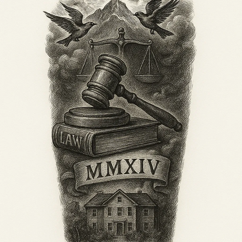 Justice and Faith Themed Sleeve Tattoo with Gavel, Scales, and Nature Elements