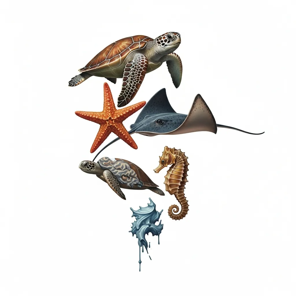 Hyper Realistic Marine Life Tattoo Featuring Starfish, Turtle, Stingray, and Seahorse